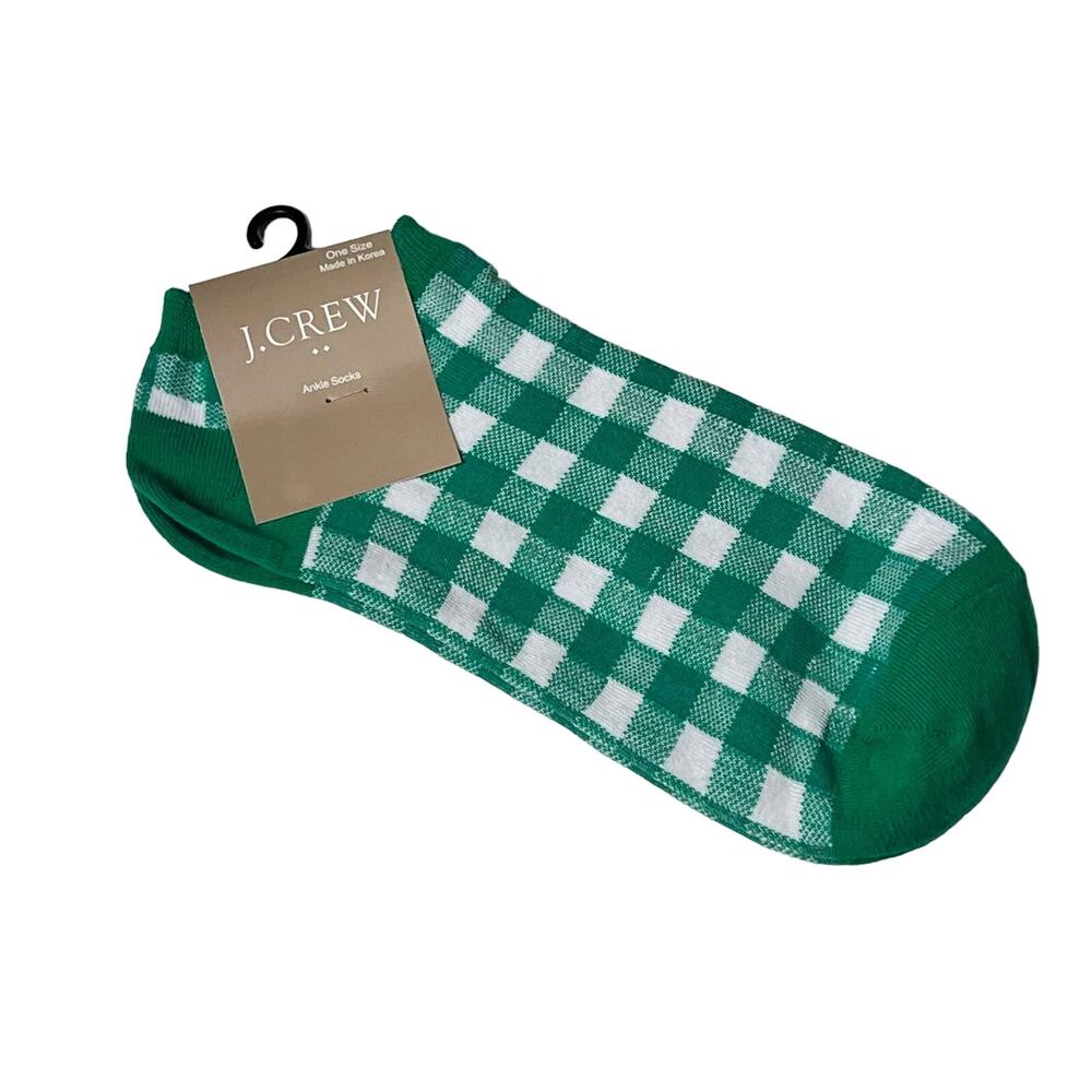 J.Crew Women's Ankle Gingham Green and White Plaid Print Socks OS